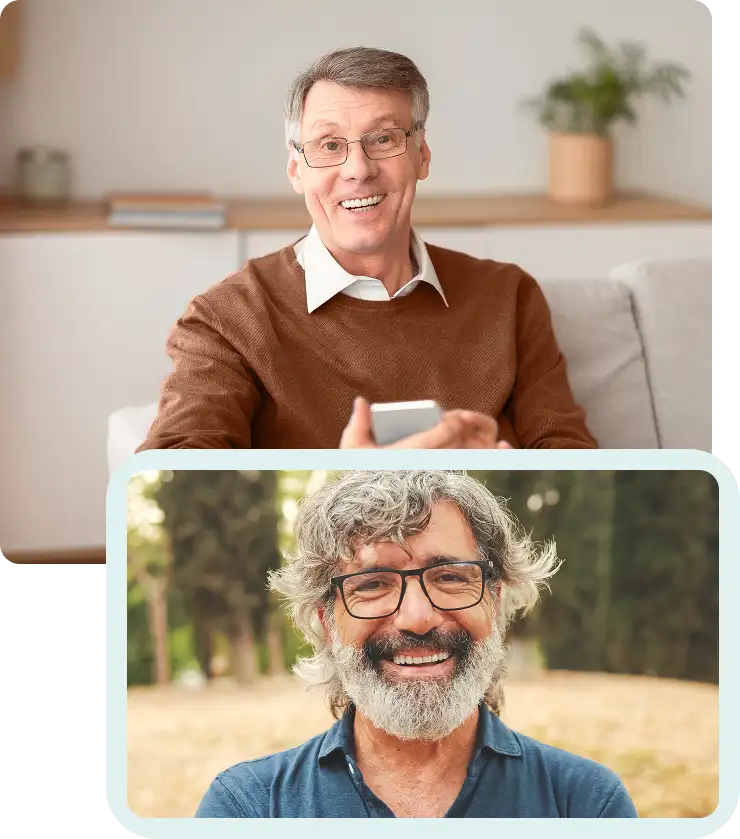 Smiling senior men: smartphone indoors, bearded in golden field – EDOF lenses for all-day extended clear vision.