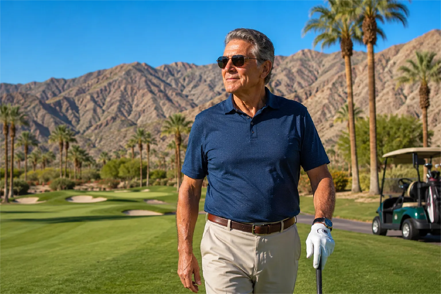 Independent senior driving and playing golf after cataract surgery