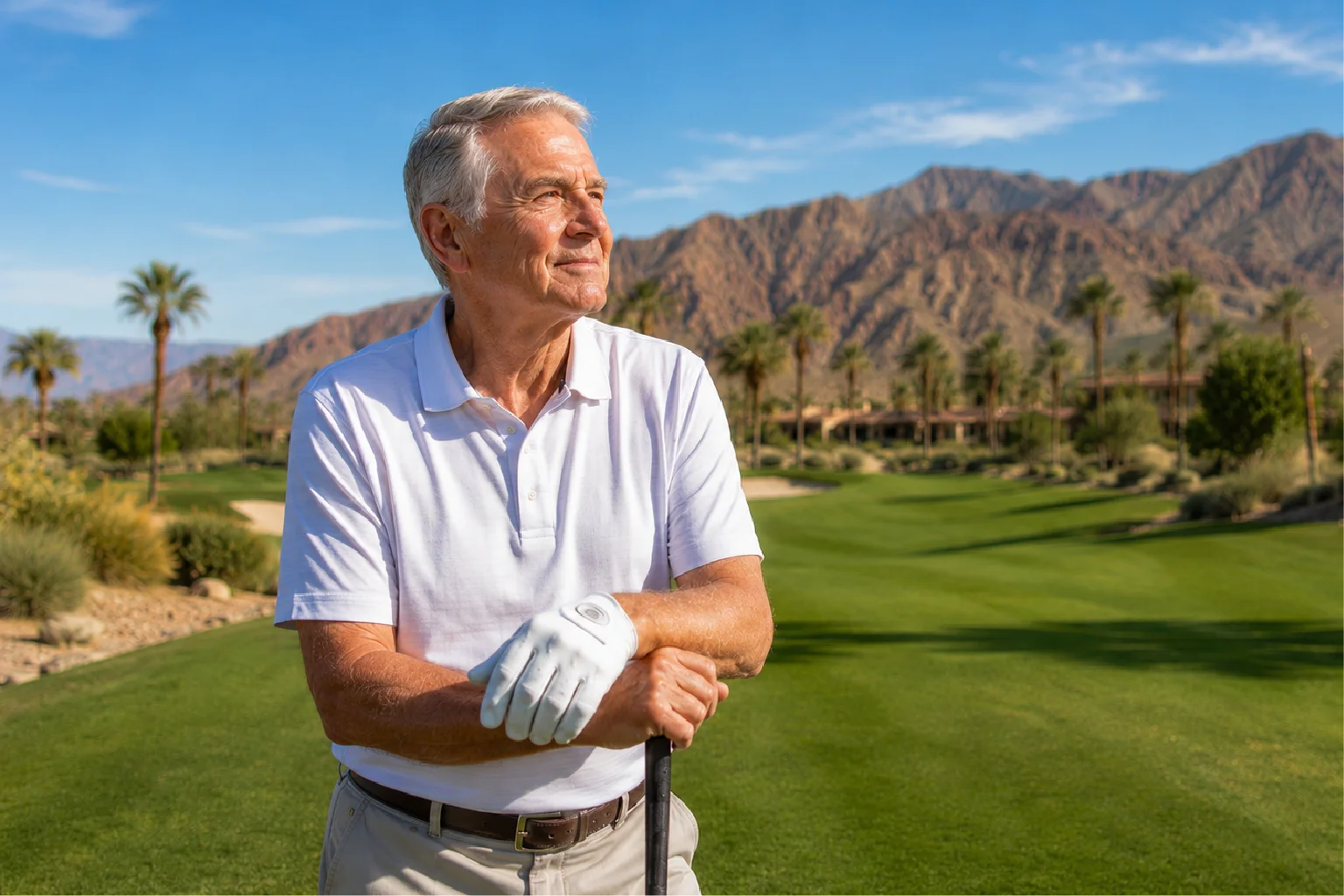 Golfer on a sunny Coachella Valley course after cataract surgery