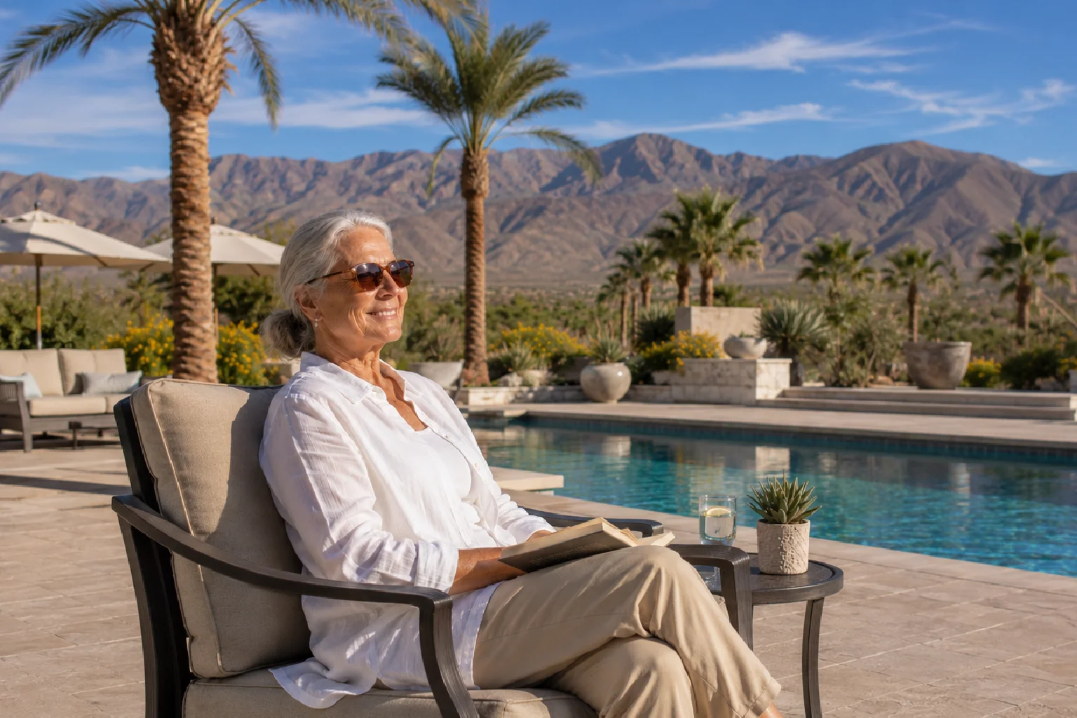 Person relaxing by a pool after cataract surgery in Coachella Valley
